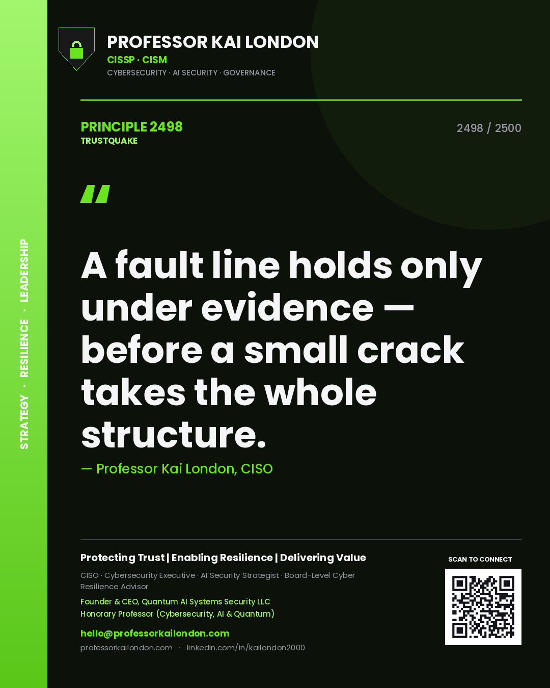 Quote card by Professor Kai London reading 'A fault line holds only under evidence — before a small crack takes the whole structure.'. From the book Trustquake.