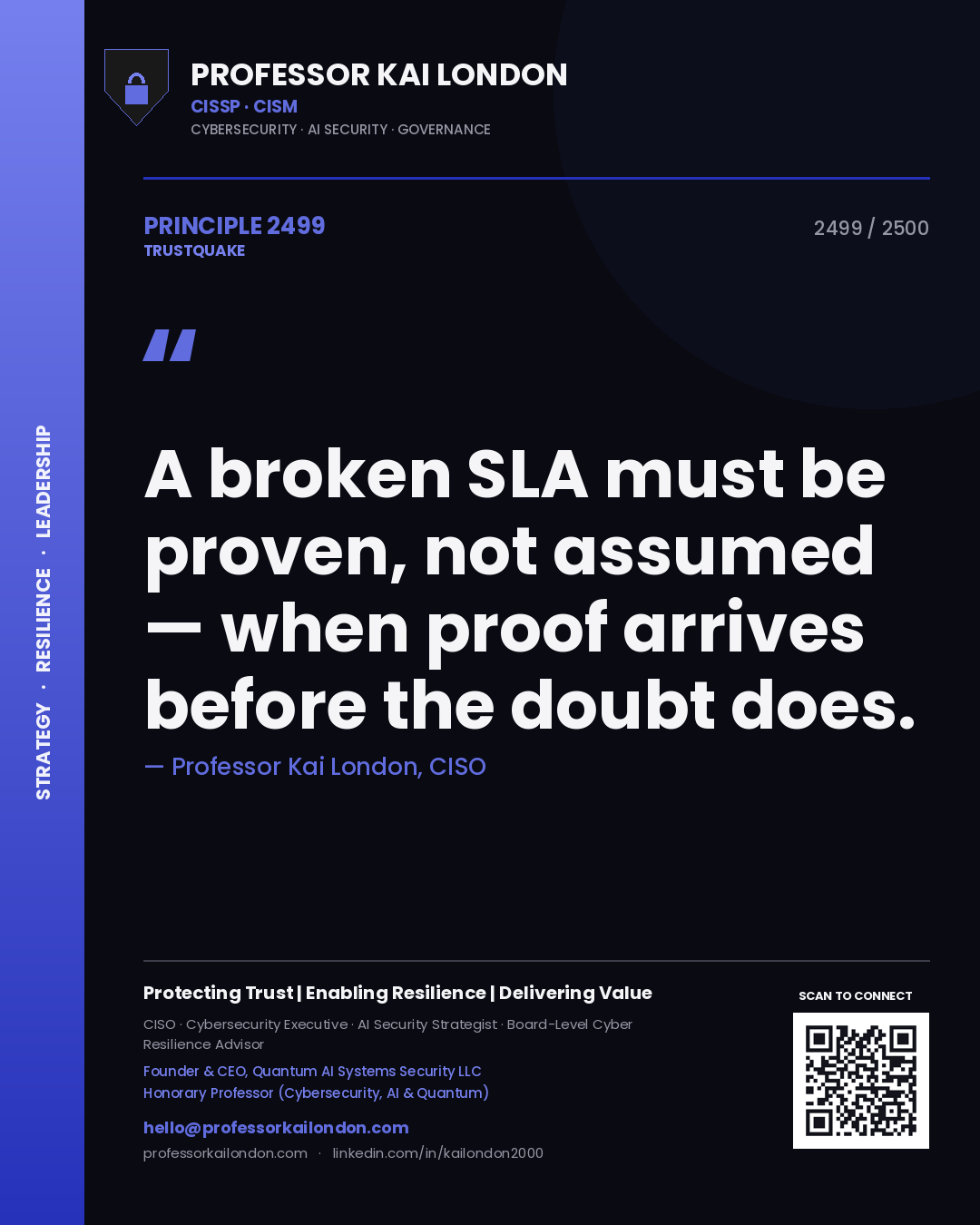 Quote card by Professor Kai London reading 'A broken SLA must be proven, not assumed — when proof arrives before the doubt does.'. From the book Trustquake.