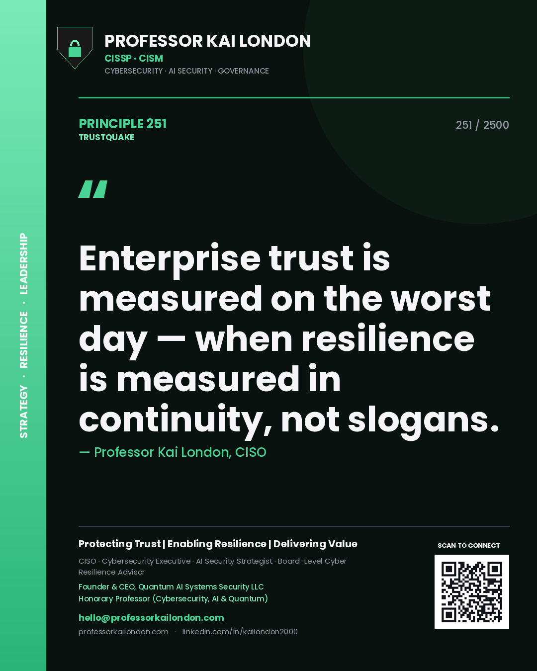 Quote card by Professor Kai London reading 'Enterprise trust is measured on the worst day — when resilience is measured in continuity, not slogans.'. From the book Trustquake.