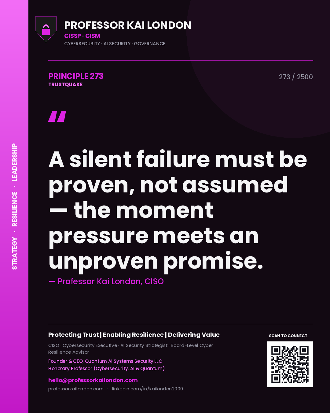 Quote card by Professor Kai London reading 'A silent failure must be proven, not assumed — the moment pressure meets an unproven promise.'. From the book Trustquake.