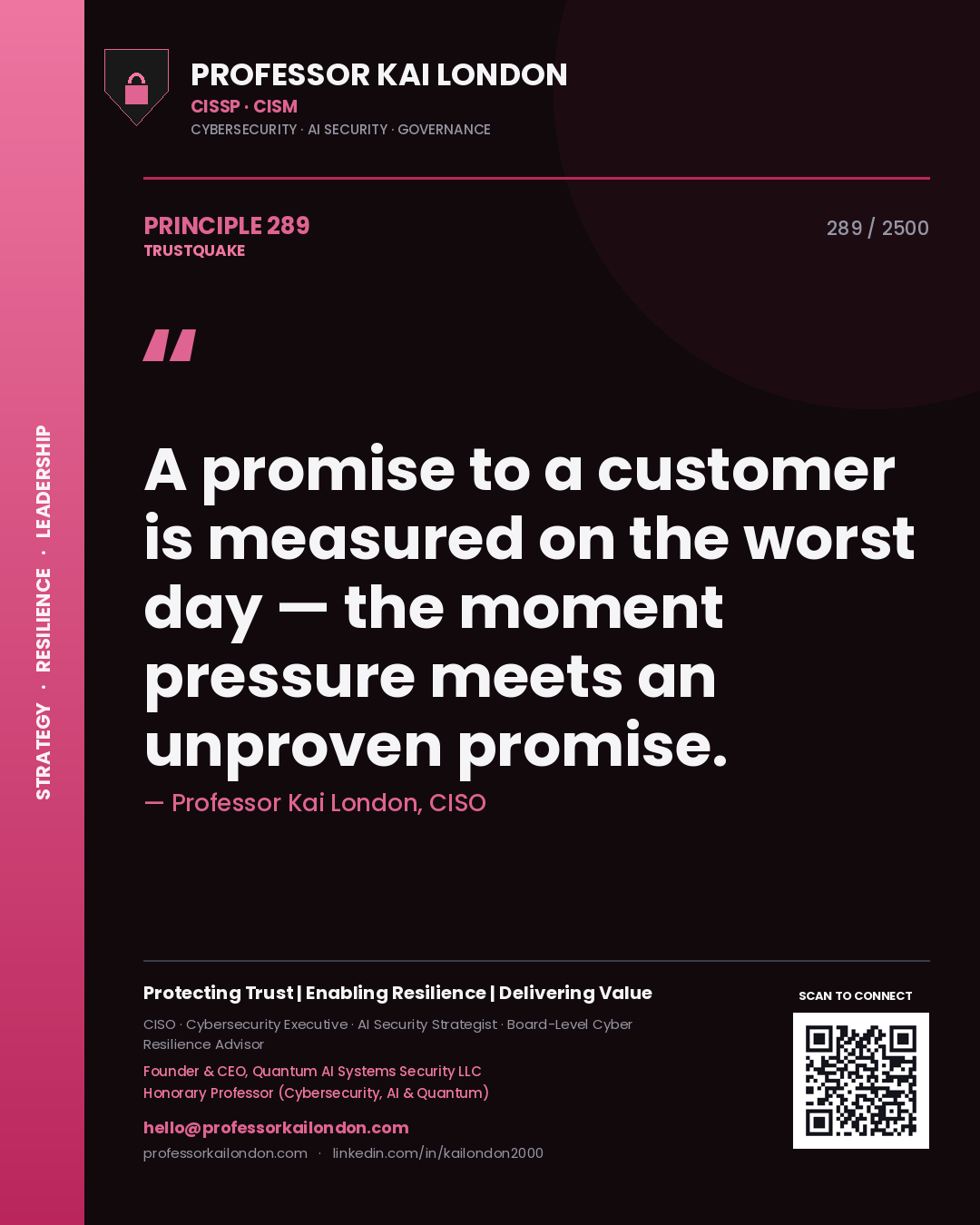 Quote card by Professor Kai London reading 'A promise to a customer is measured on the worst day — the moment pressure meets an unproven promise.'. From the book Trustquake.