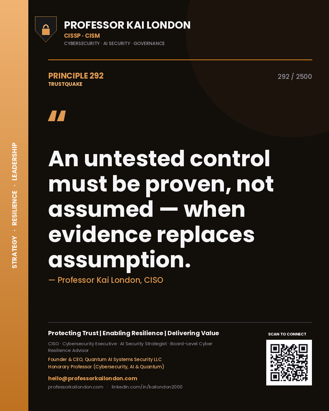 Quote card by Professor Kai London reading 'An untested control must be proven, not assumed — when evidence replaces assumption.'. From the book Trustquake.