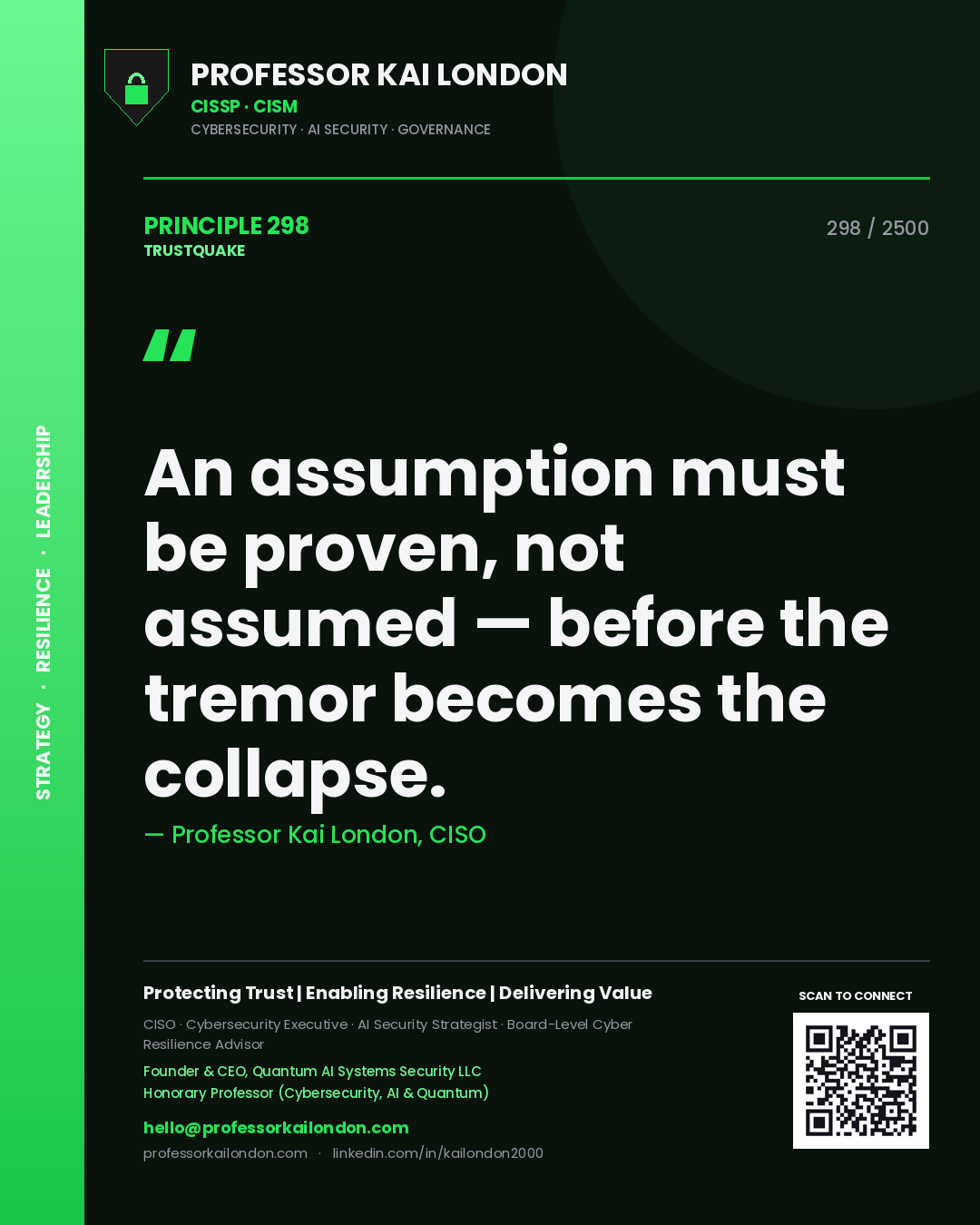 Quote card by Professor Kai London reading 'An assumption must be proven, not assumed — before the tremor becomes the collapse.'. From the book Trustquake.