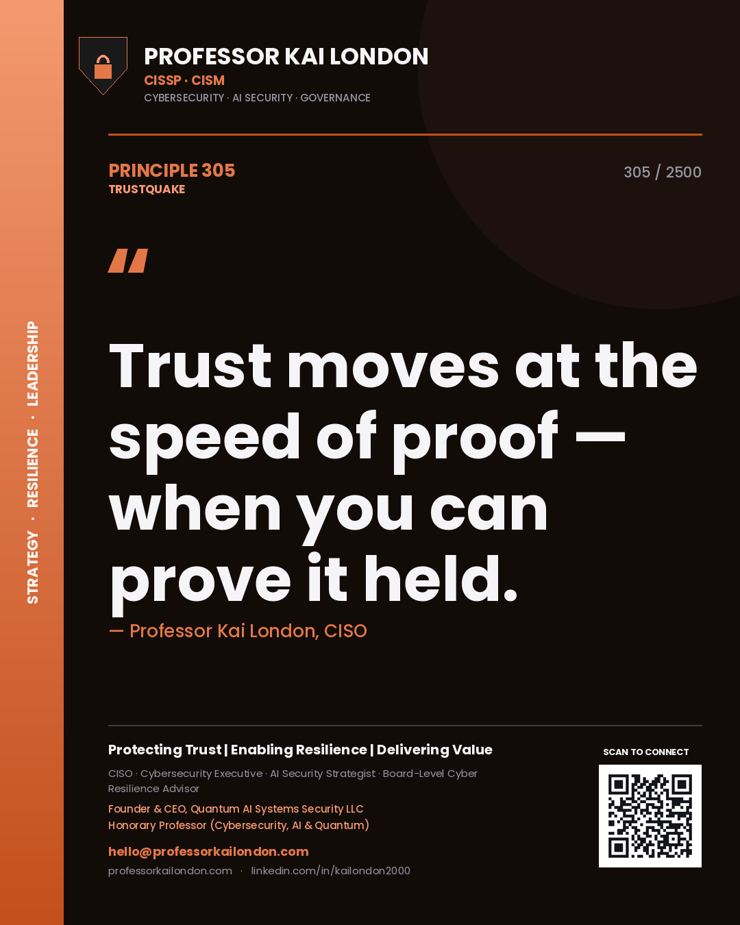 Professor Kai London principle 305: Trust moves at the speed of proof — when you can prove it held.