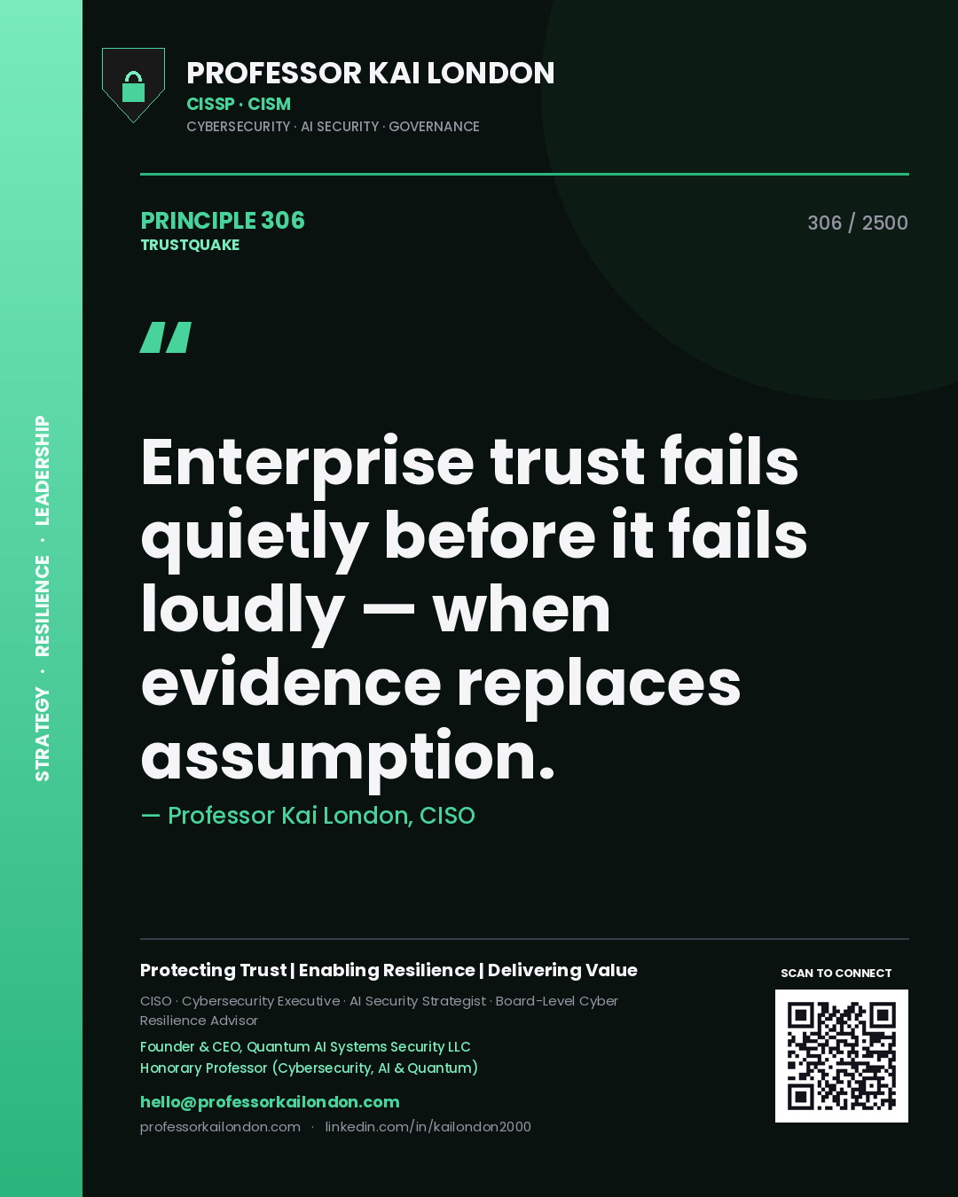 Quote card by Professor Kai London reading 'Enterprise trust fails quietly before it fails loudly — when evidence replaces assumption.'. From the book Trustquake.