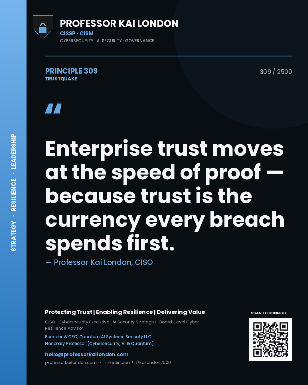Quote card by Professor Kai London reading 'Enterprise trust moves at the speed of proof — because trust is the currency every breach spends first.'. From the book Trustquake.