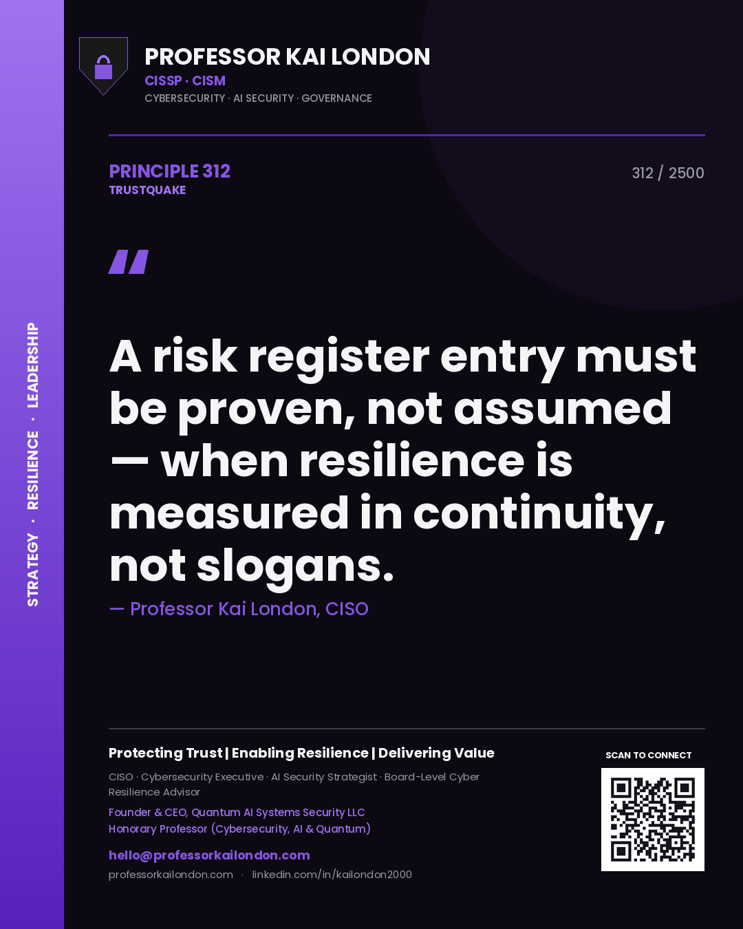 Quote card by Professor Kai London reading 'A risk register entry must be proven, not assumed — when resilience is measured in continuity, not slogans.'. From the book Trustquake.