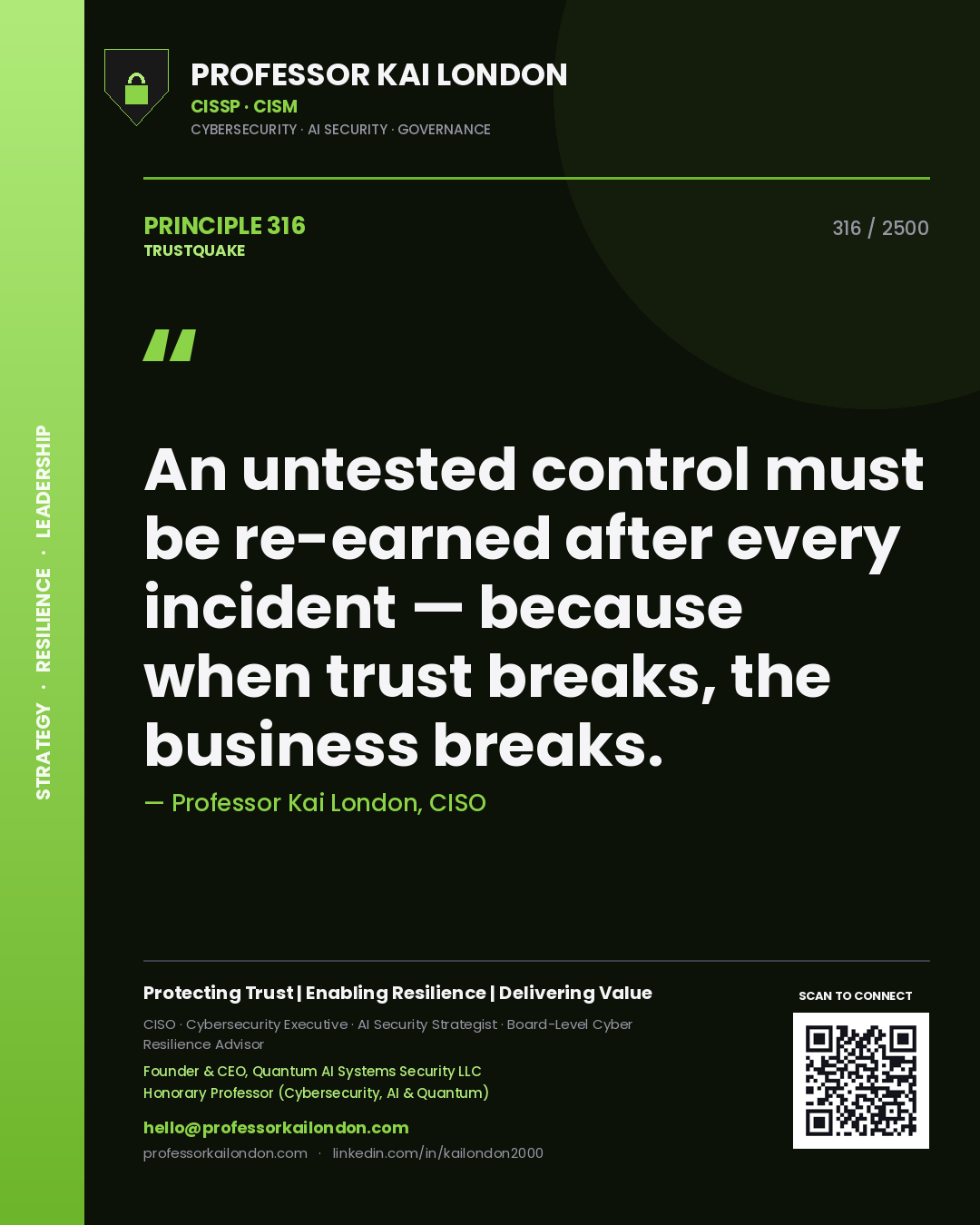 Quote card by Professor Kai London reading 'An untested control must be re-earned after every incident — because when trust breaks, the business breaks.'. From the book Trustquake.