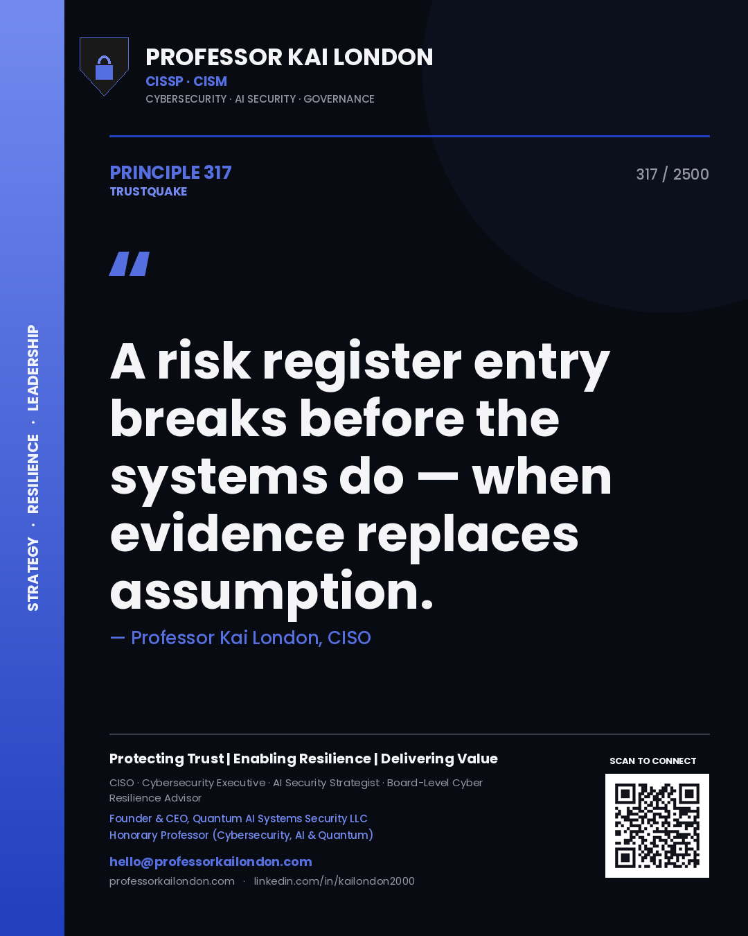 Quote card by Professor Kai London reading 'A risk register entry breaks before the systems do — when evidence replaces assumption.'. From the book Trustquake.