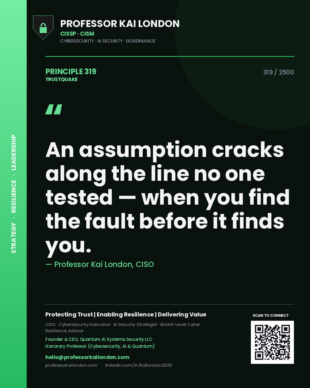 Quote card by Professor Kai London reading 'An assumption cracks along the line no one tested — when you find the fault before it finds you.'. From the book Trustquake.
