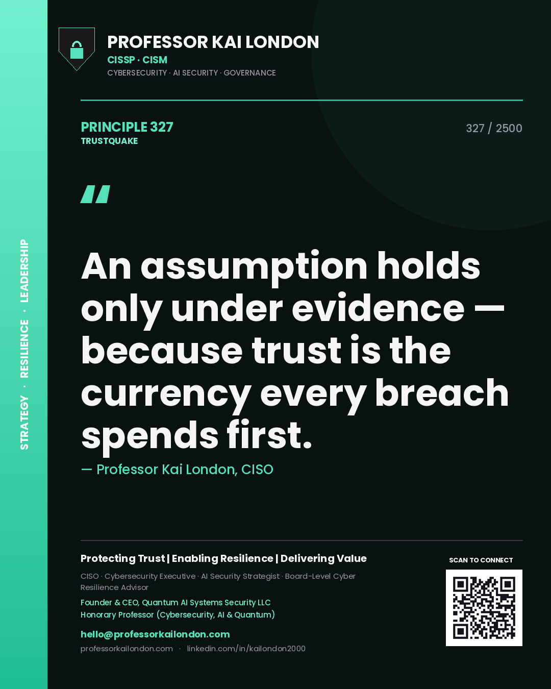 Quote card by Professor Kai London reading 'An assumption holds only under evidence — because trust is the currency every breach spends first.'. From the book Trustquake.