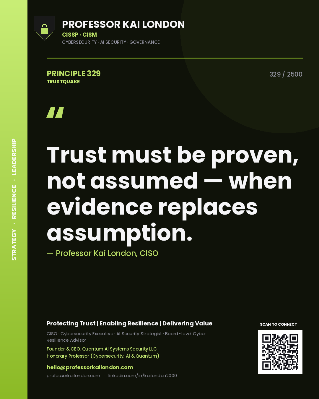 Quote card by Professor Kai London reading 'Trust must be proven, not assumed — when evidence replaces assumption.'. From the book Trustquake.