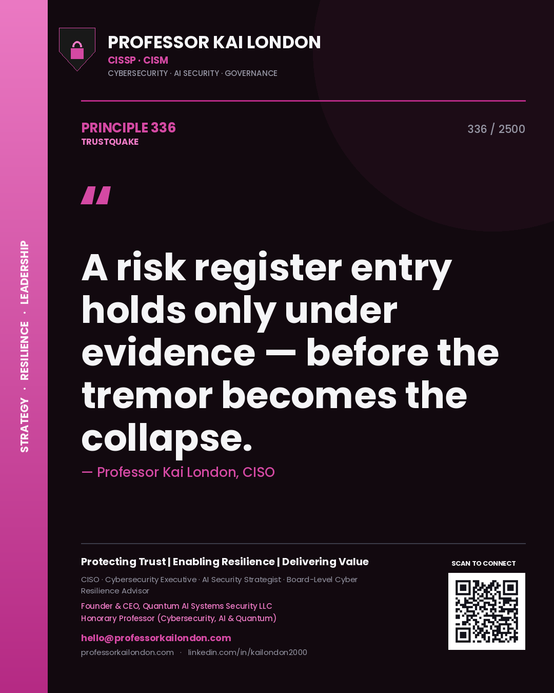 Quote card by Professor Kai London reading 'A risk register entry holds only under evidence — before the tremor becomes the collapse.'. From the book Trustquake.