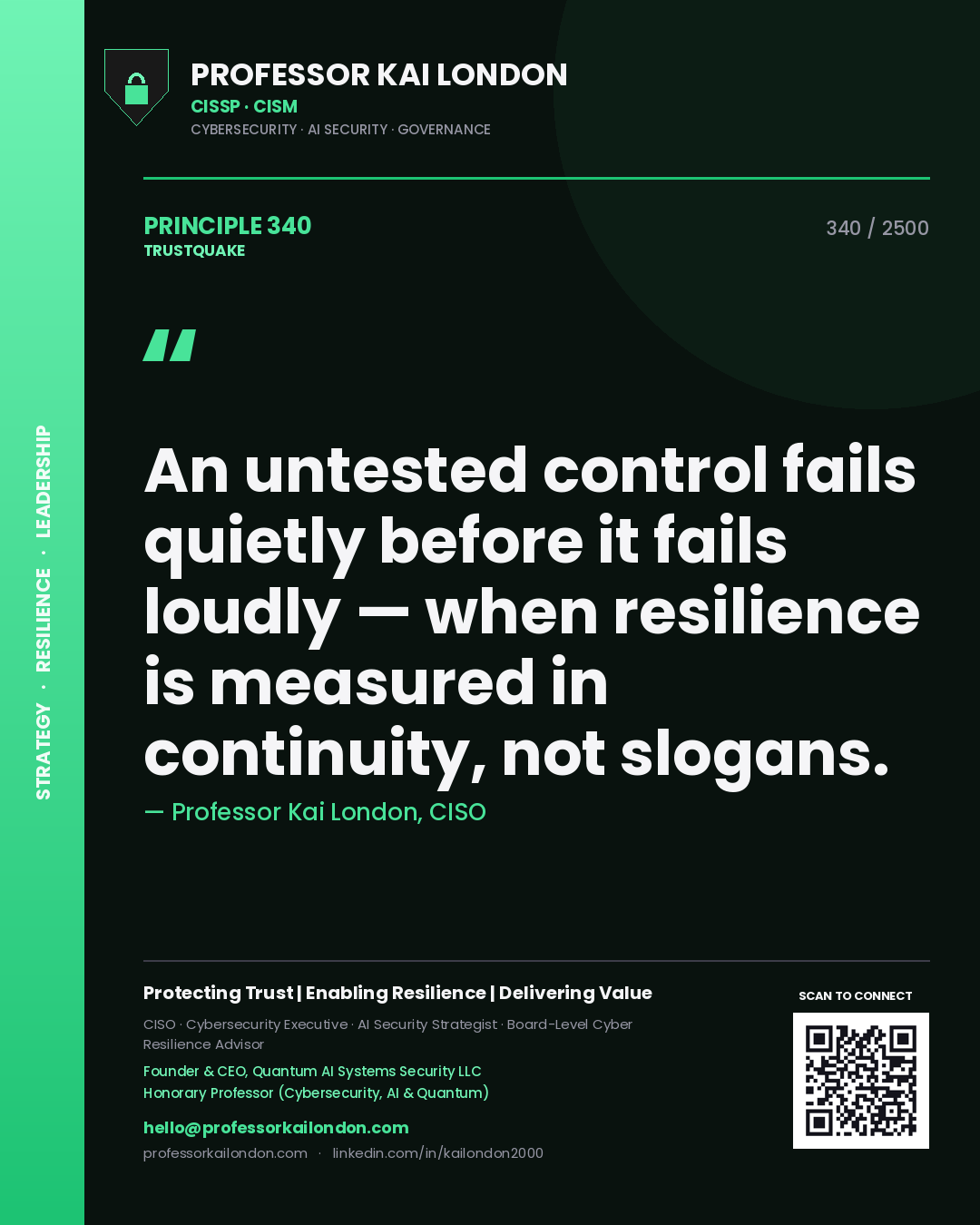 Professor Kai London principle 340: An untested control fails quietly before it fails loudly — when resilience is measured in continuity, not slogans.