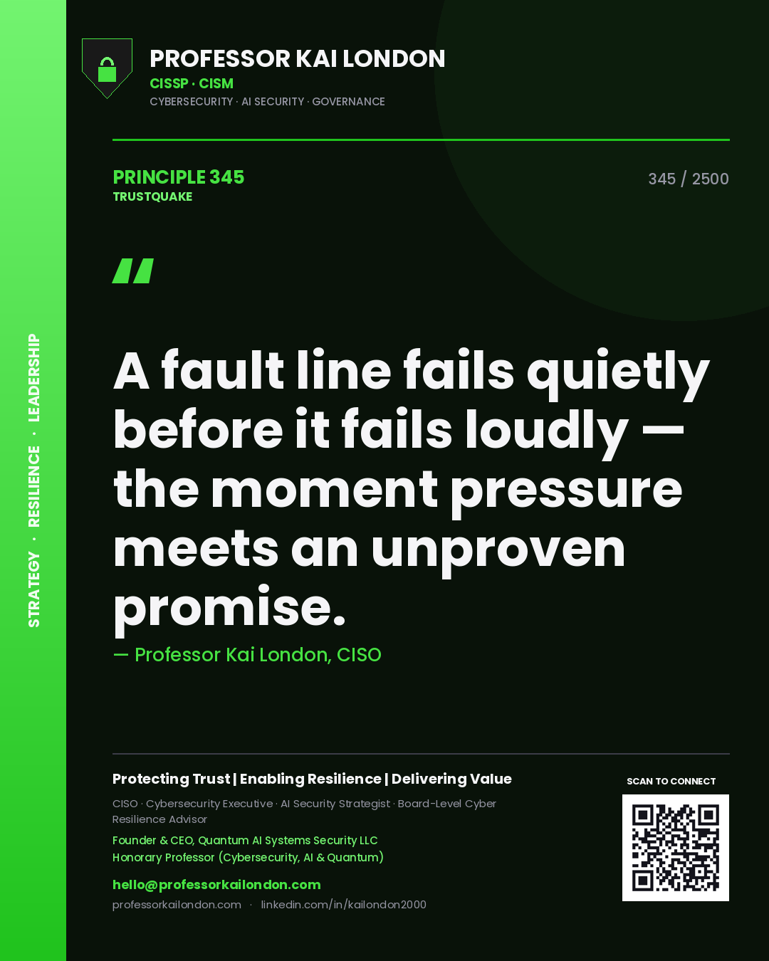 Quote card by Professor Kai London reading 'A fault line fails quietly before it fails loudly — the moment pressure meets an unproven promise.'. From the book Trustquake.