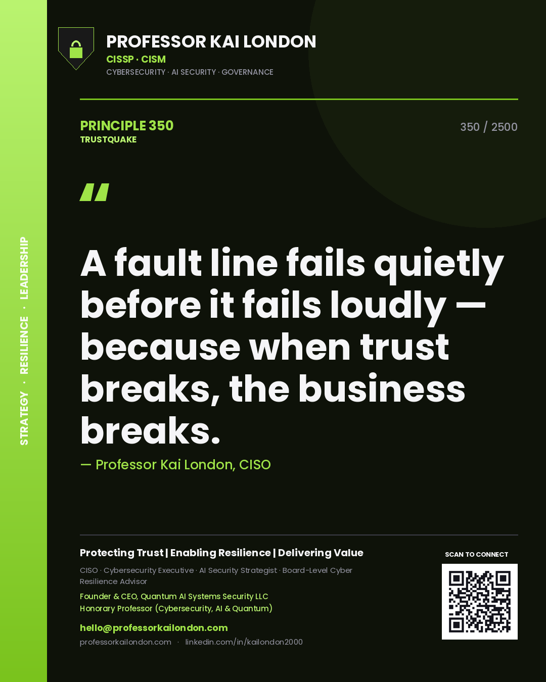 Professor Kai London principle 350: A fault line fails quietly before it fails loudly — because when trust breaks, the business breaks.