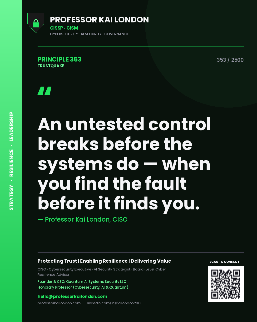 Quote card by Professor Kai London reading 'An untested control breaks before the systems do — when you find the fault before it finds you.'. From the book Trustquake.