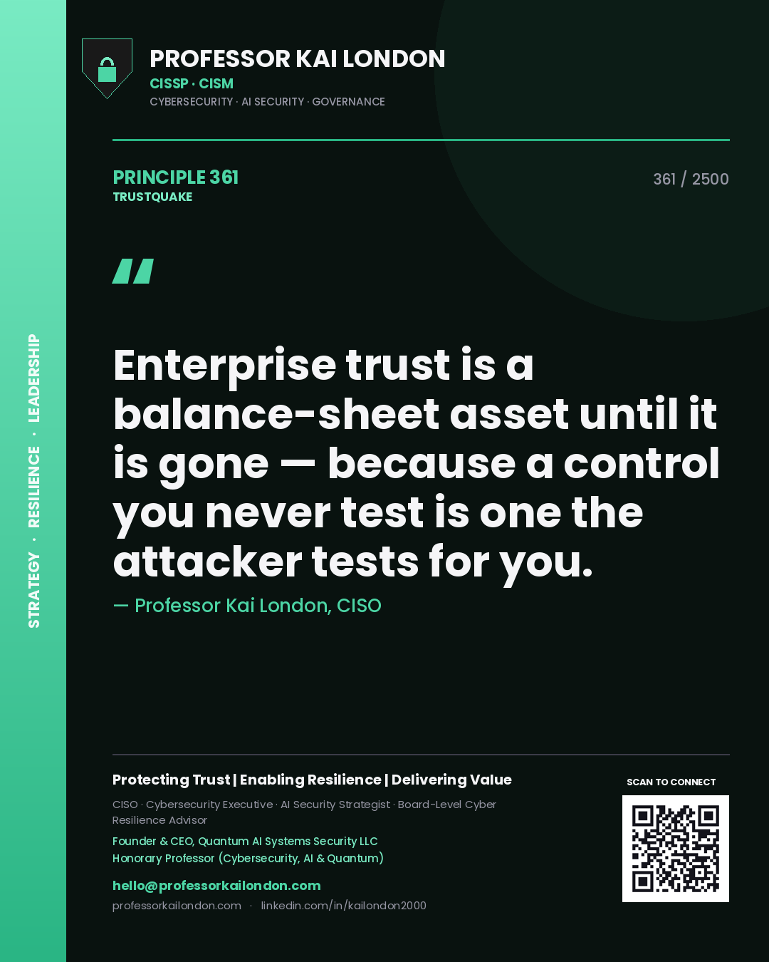 Quote card by Professor Kai London reading 'Enterprise trust is a balance-sheet asset until it is gone — because a control you never test is one the attacker tests for you.'. From the book Trustquake.