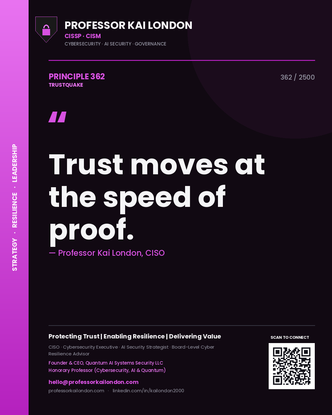 Quote card by Professor Kai London reading 'Trust moves at the speed of proof.'. From the book Trustquake.