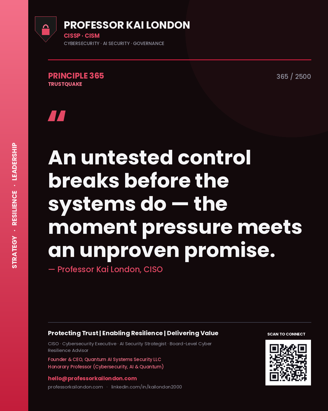 Quote card by Professor Kai London reading 'An untested control breaks before the systems do — the moment pressure meets an unproven promise.'. From the book Trustquake.