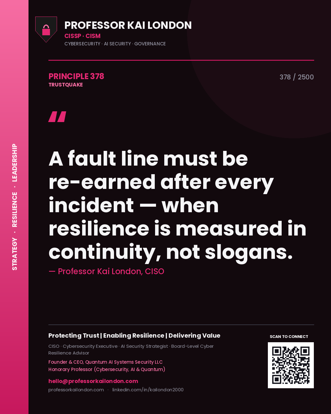 Quote card by Professor Kai London reading 'A fault line must be re-earned after every incident — when resilience is measured in continuity, not slogans.'. From the book Trustquake.