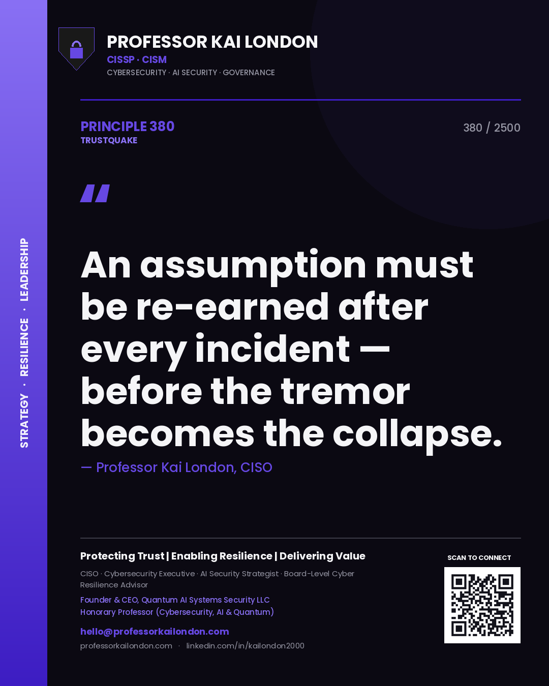 Professor Kai London principle 380: An assumption must be re-earned after every incident — before the tremor becomes the collapse.