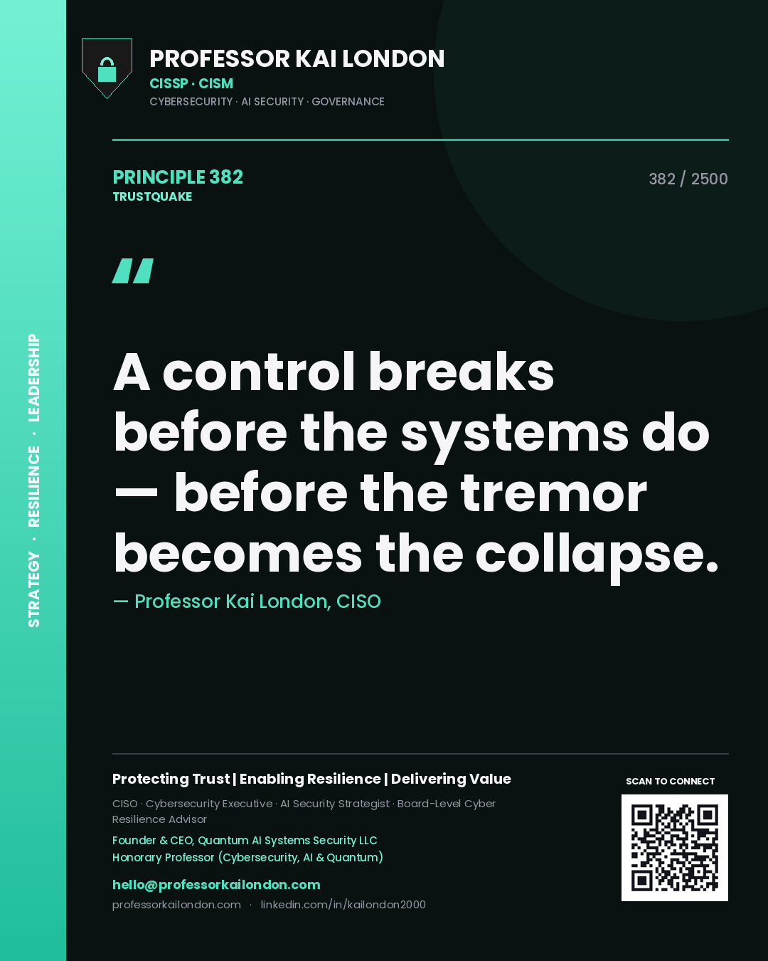 Quote card by Professor Kai London reading 'A control breaks before the systems do — before the tremor becomes the collapse.'. From the book Trustquake.