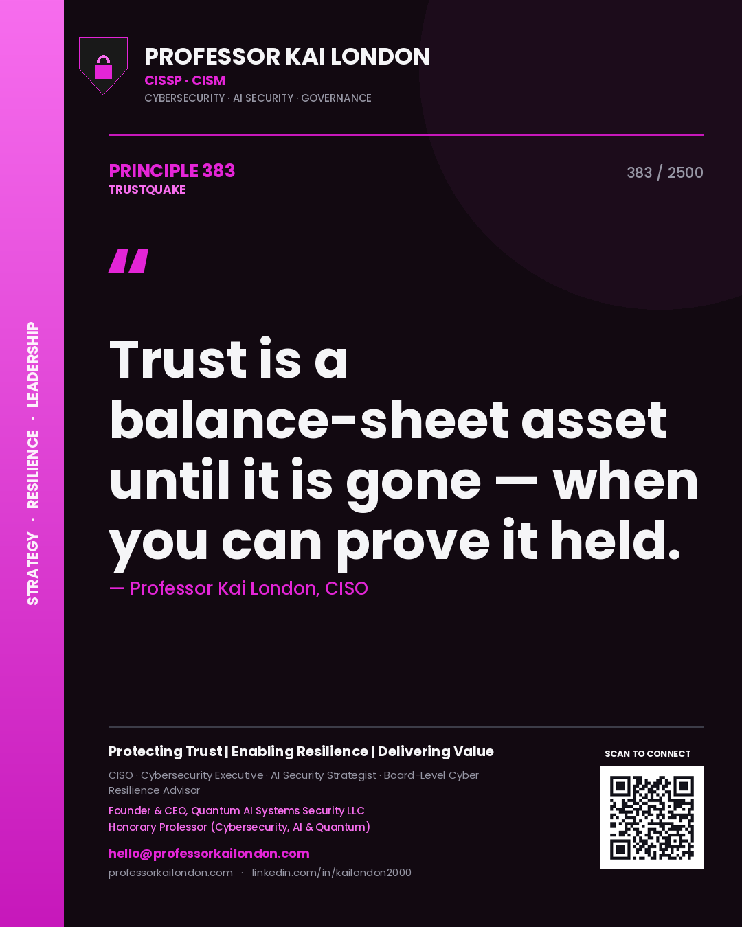 Quote card by Professor Kai London reading 'Trust is a balance-sheet asset until it is gone — when you can prove it held.'. From the book Trustquake.