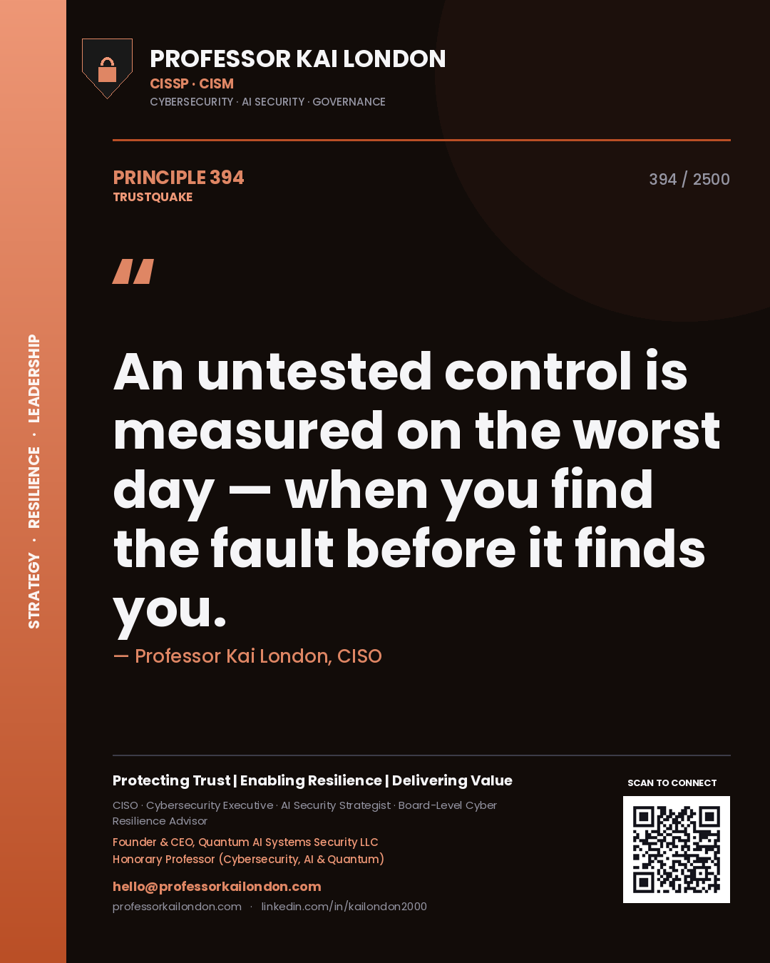 Quote card by Professor Kai London reading 'An untested control is measured on the worst day — when you find the fault before it finds you.'. From the book Trustquake.
