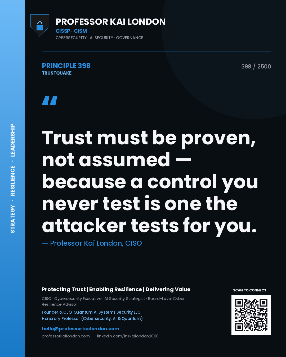 Quote card by Professor Kai London reading 'Trust must be proven, not assumed — because a control you never test is one the attacker tests for you.'. From the book Trustquake.