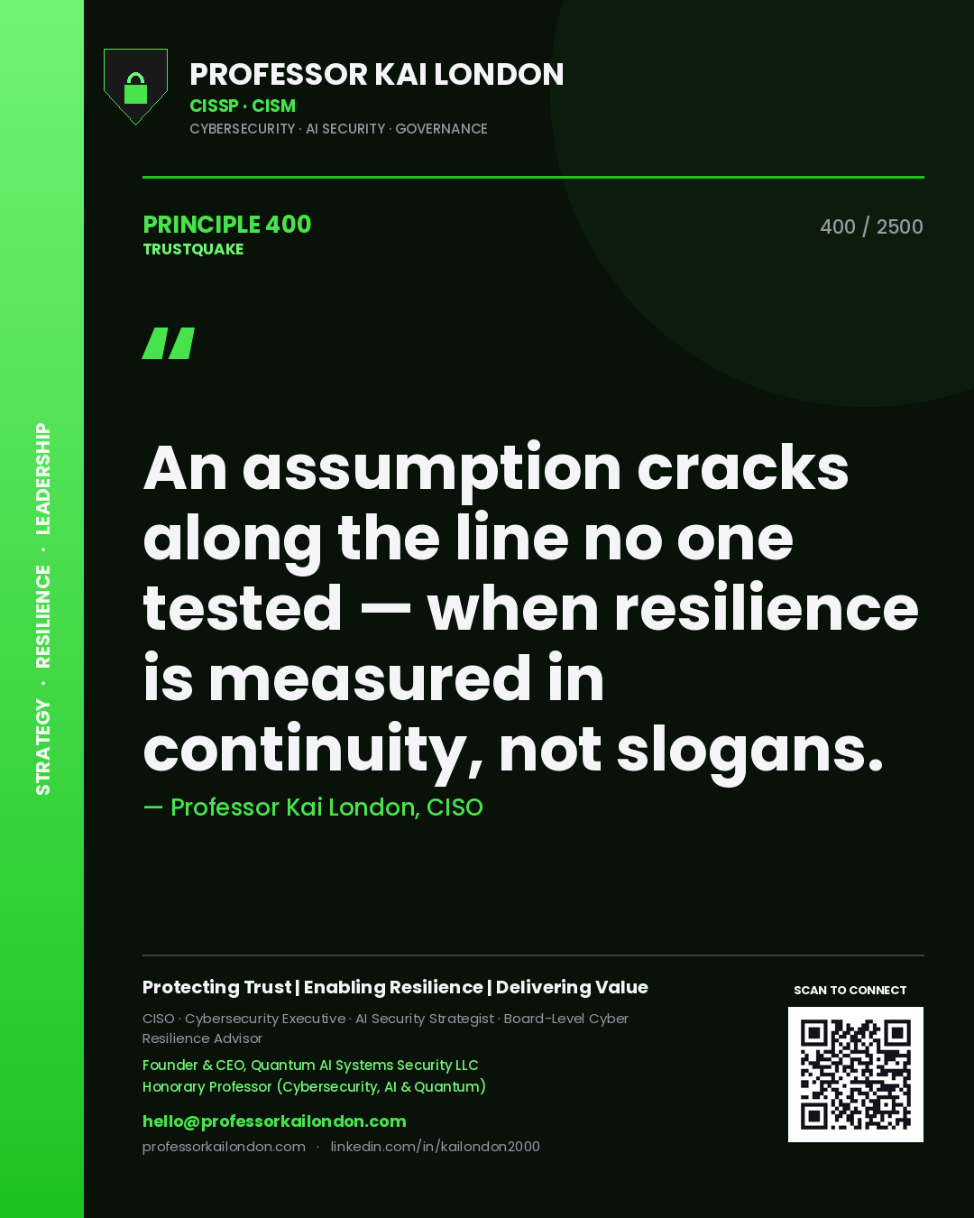 Quote card by Professor Kai London reading 'An assumption cracks along the line no one tested — when resilience is measured in continuity, not slogans.'. From the book Trustquake.