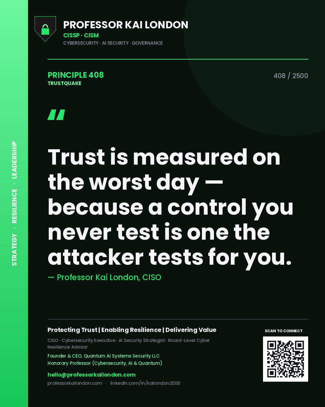 Quote card by Professor Kai London reading 'Trust is measured on the worst day — because a control you never test is one the attacker tests for you.'. From the book Trustquake.