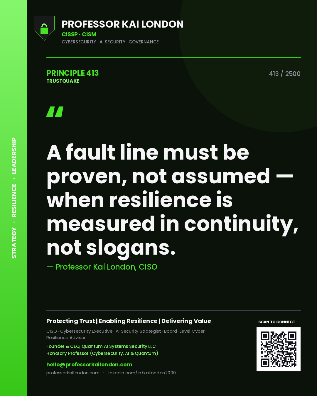 Professor Kai London principle 413: A fault line must be proven, not assumed — when resilience is measured in continuity, not slogans.