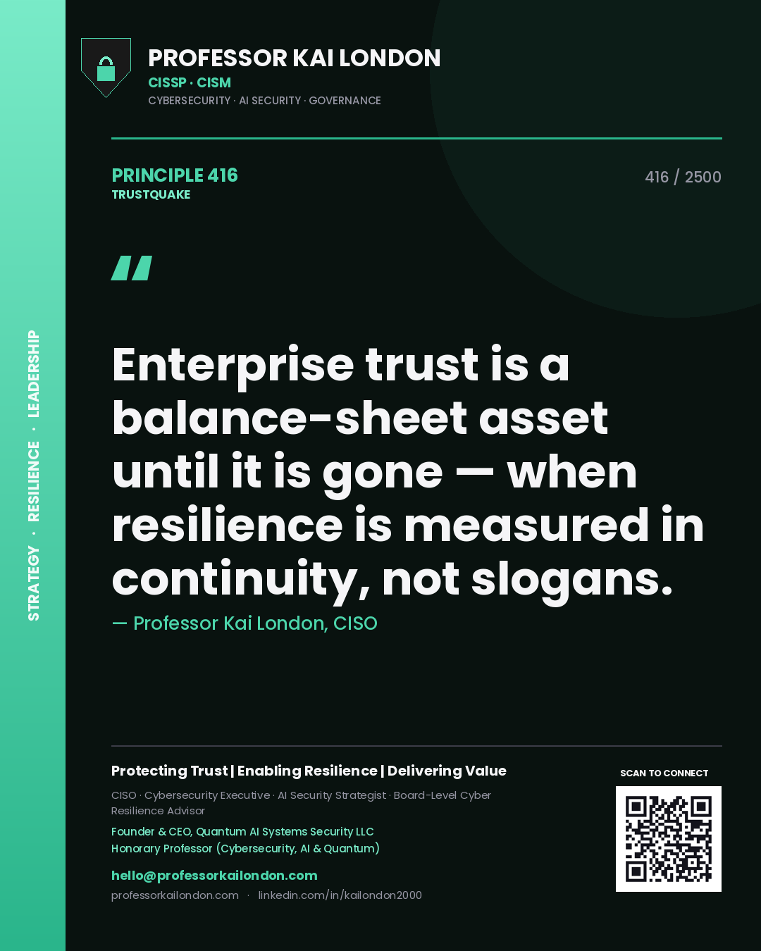 Professor Kai London principle 416: Enterprise trust is a balance-sheet asset until it is gone — when resilience is measured in continuity, not slogans.