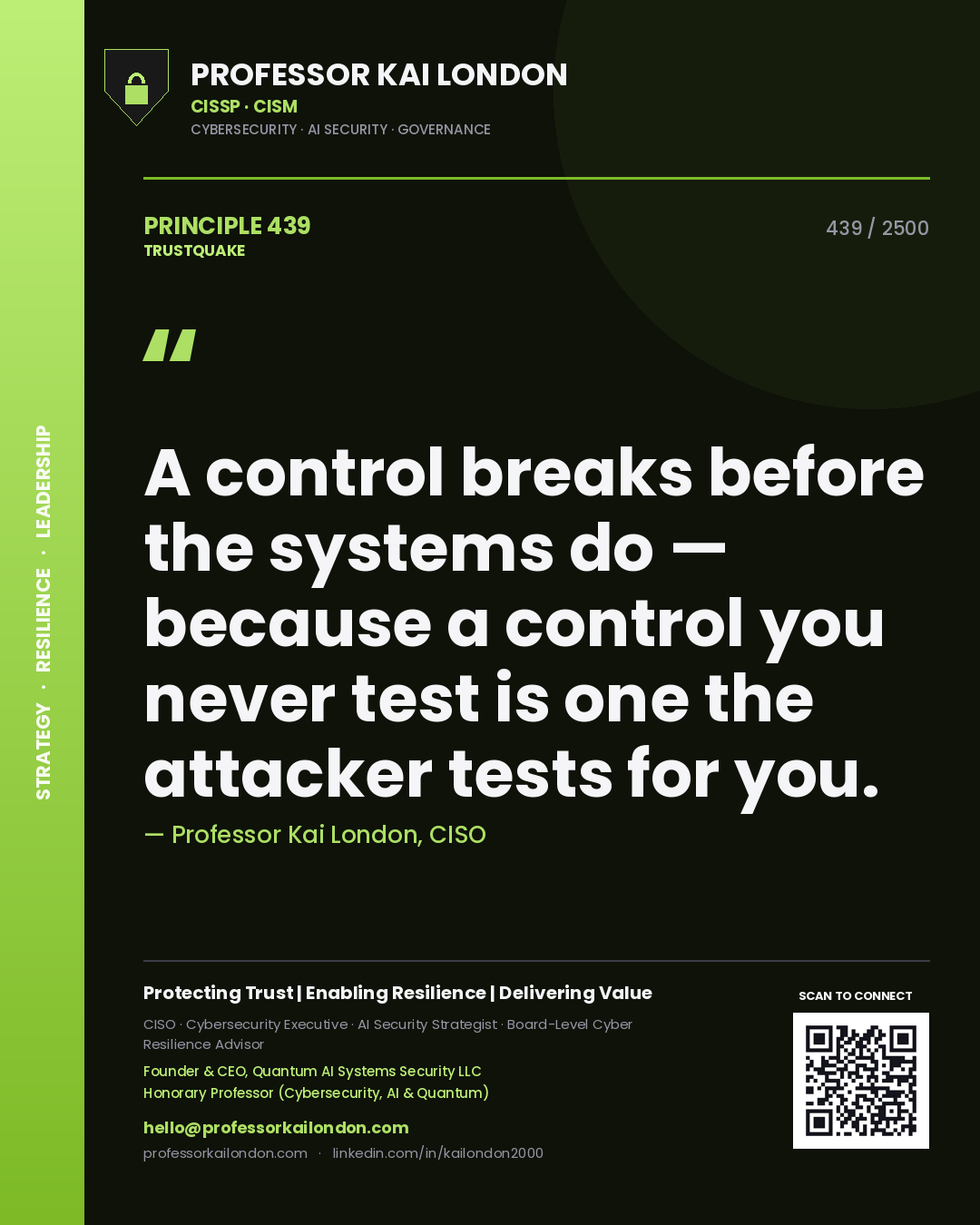 Professor Kai London principle 439: A control breaks before the systems do — because a control you never test is one the attacker tests for you.