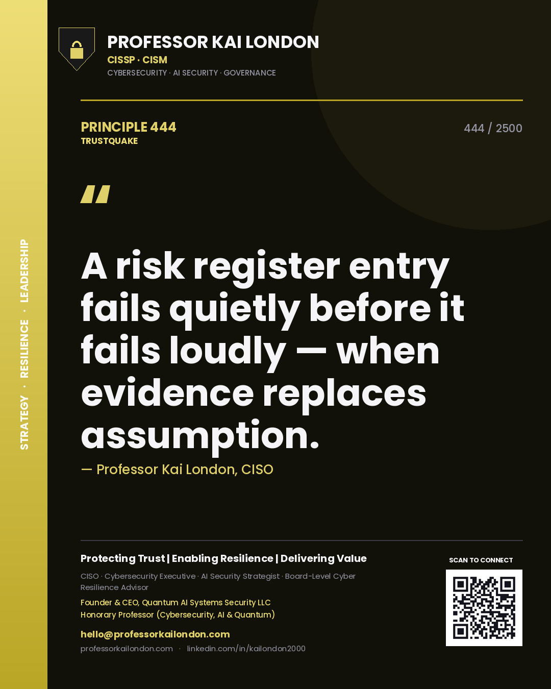 Professor Kai London principle 444: A risk register entry fails quietly before it fails loudly — when evidence replaces assumption.