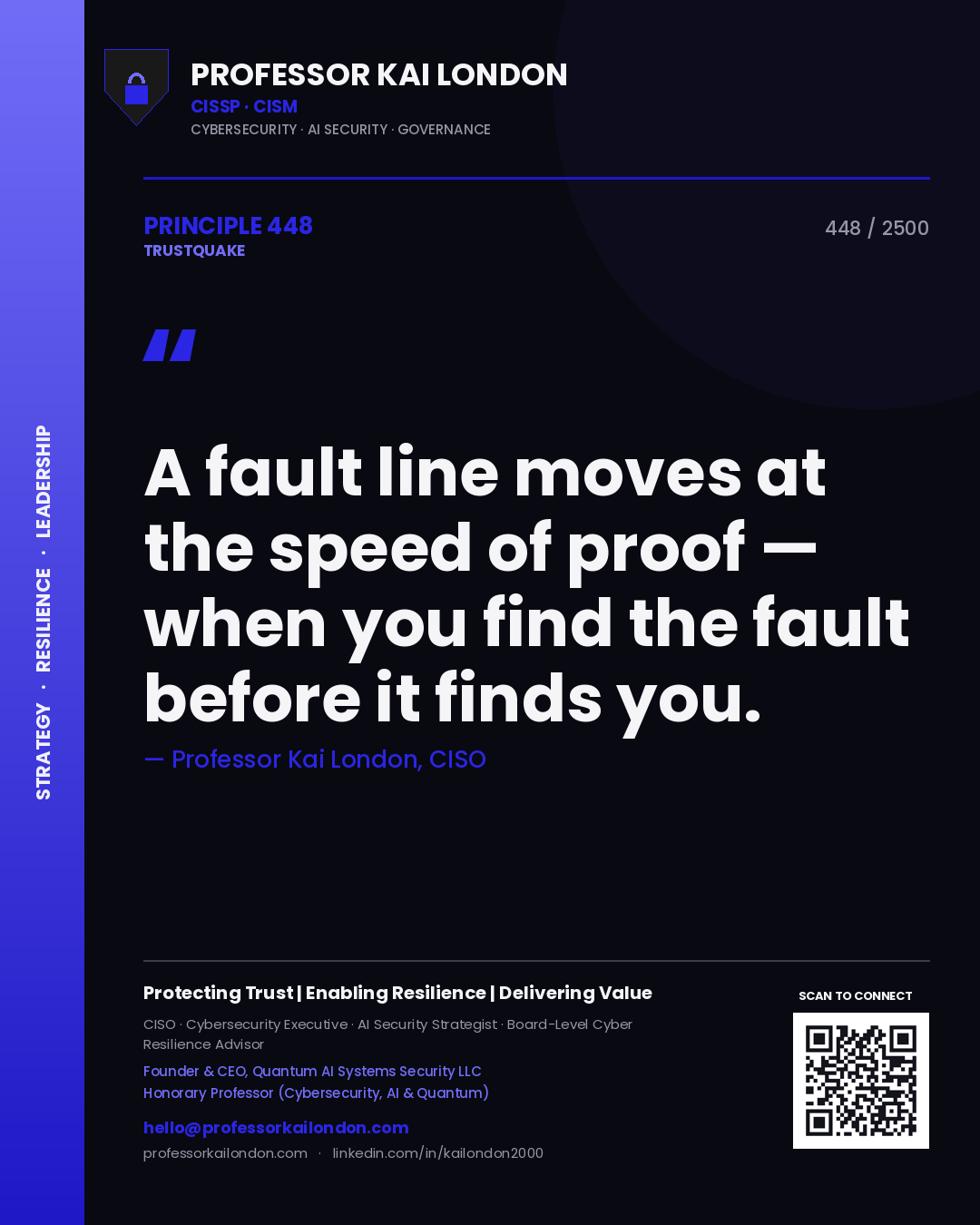 Professor Kai London principle 448: A fault line moves at the speed of proof — when you find the fault before it finds you.