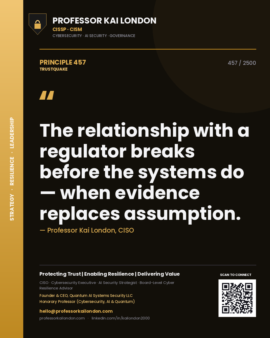 Quote card by Professor Kai London reading 'The relationship with a regulator breaks before the systems do — when evidence replaces assumption.'. From the book Trustquake.