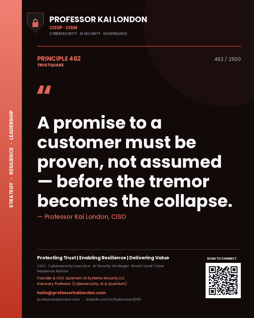Professor Kai London principle 462: A promise to a customer must be proven, not assumed — before the tremor becomes the collapse.