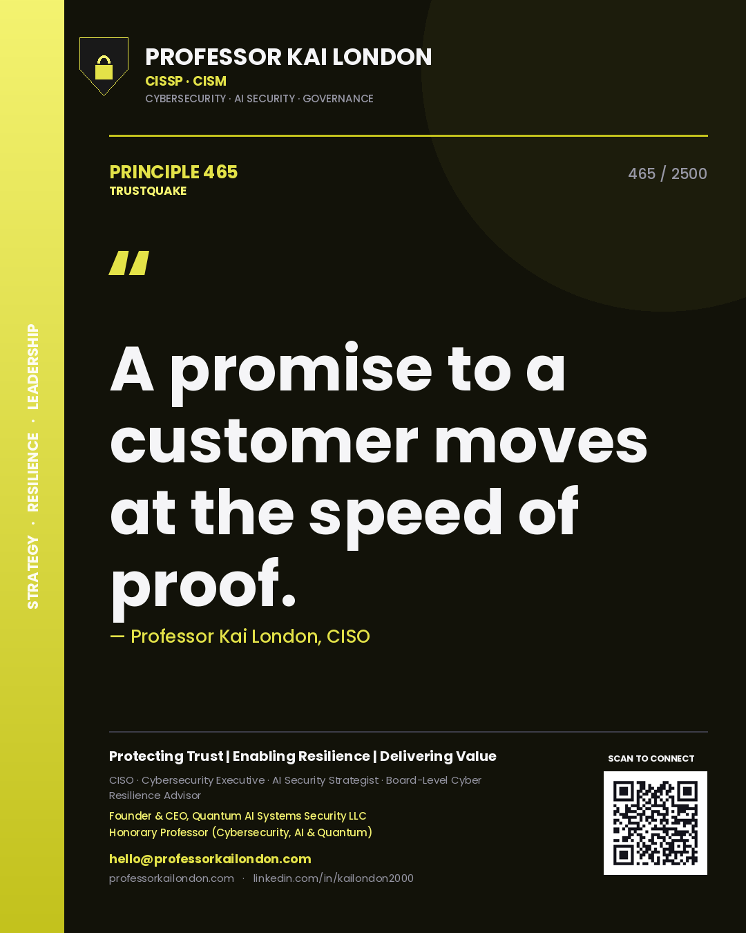 Quote card by Professor Kai London reading 'A promise to a customer moves at the speed of proof.'. From the book Trustquake.