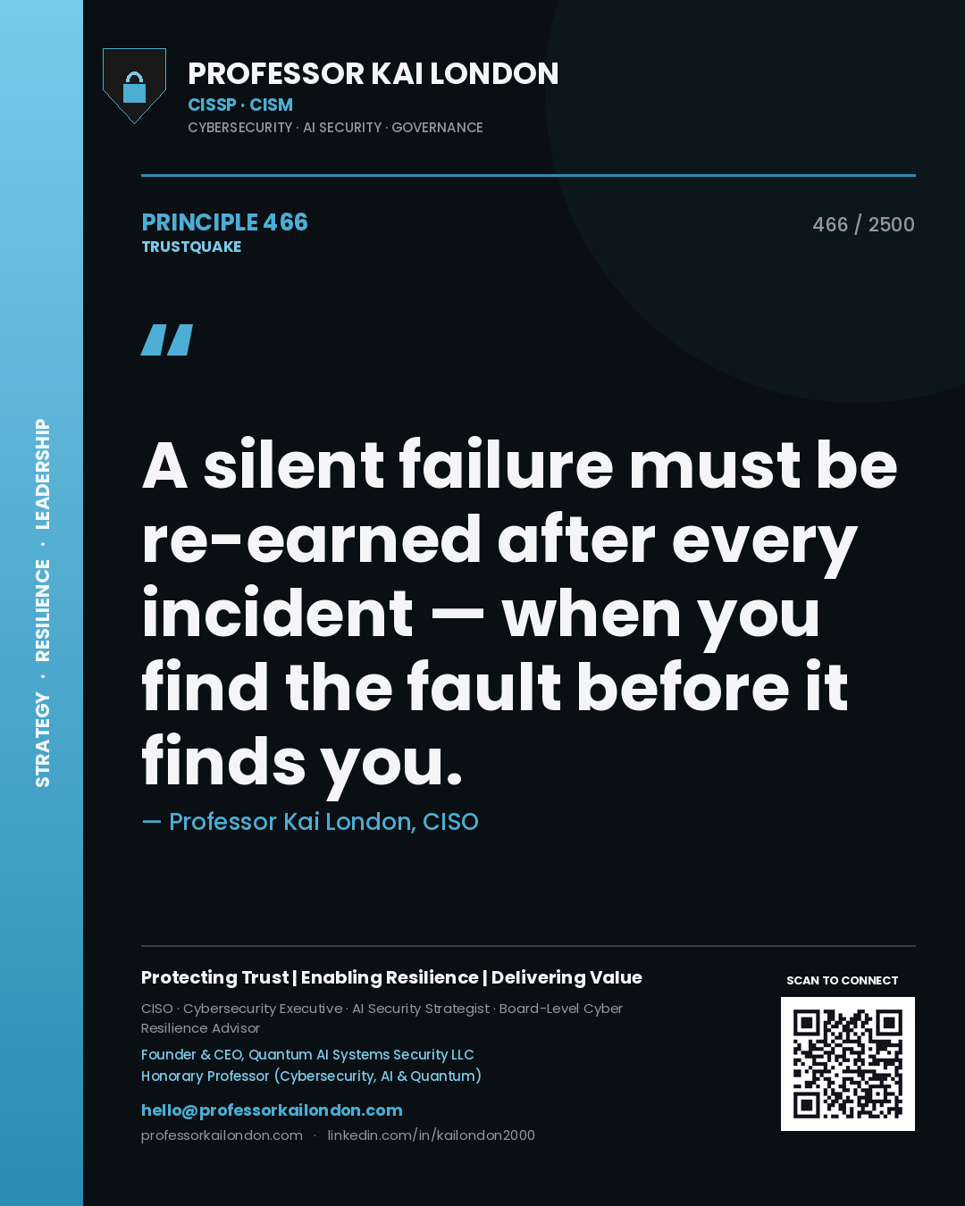 Quote card by Professor Kai London reading 'A silent failure must be re-earned after every incident — when you find the fault before it finds you.'. From the book Trustquake.