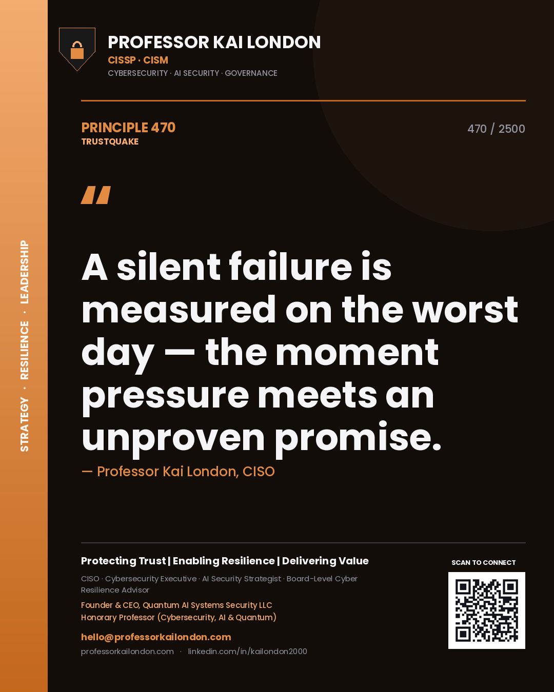 Professor Kai London principle 470: A silent failure is measured on the worst day — the moment pressure meets an unproven promise.