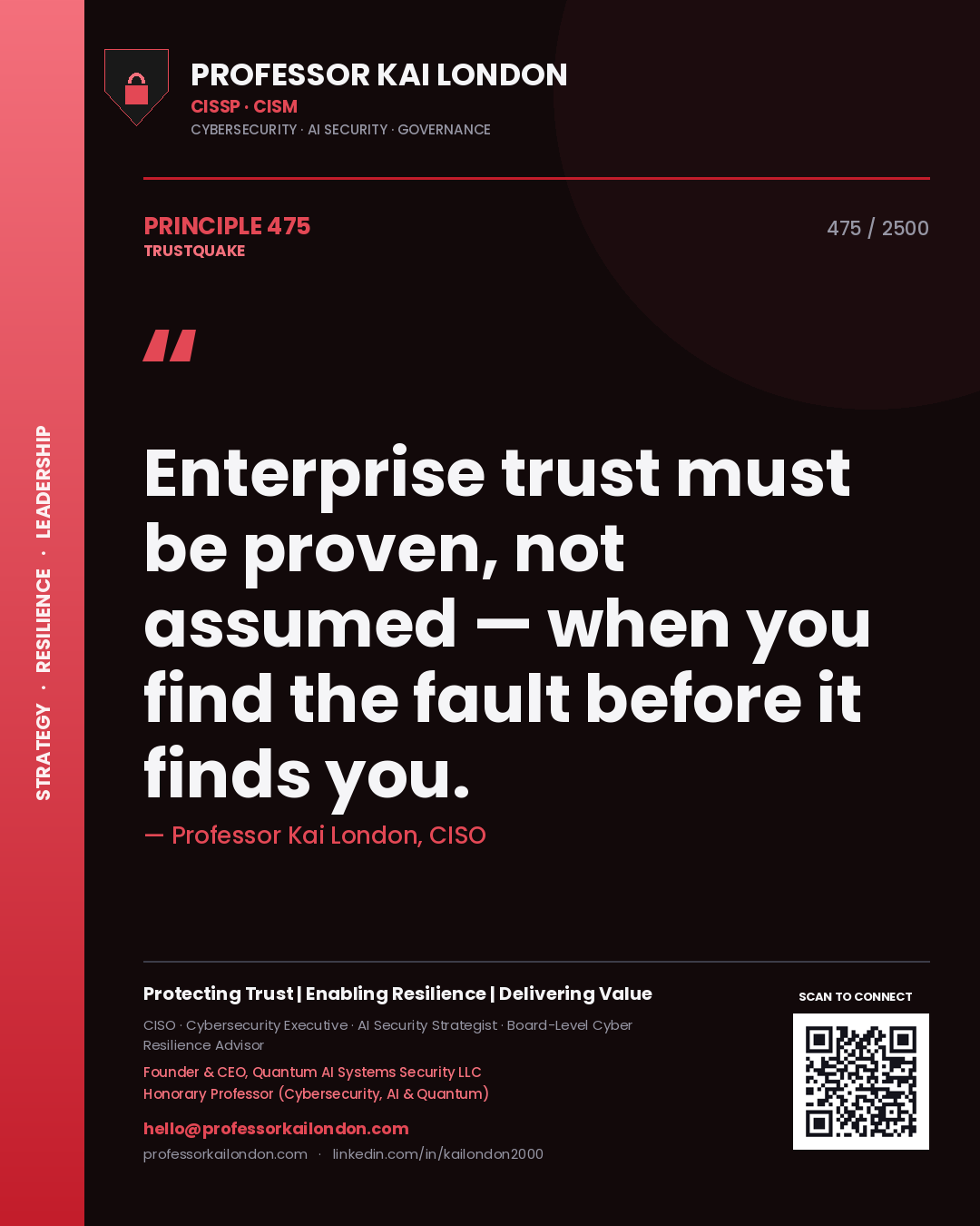 Quote card by Professor Kai London reading 'Enterprise trust must be proven, not assumed — when you find the fault before it finds you.'. From the book Trustquake.