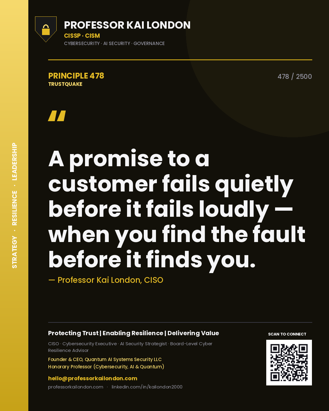 Professor Kai London principle 478: A promise to a customer fails quietly before it fails loudly — when you find the fault before it finds you.