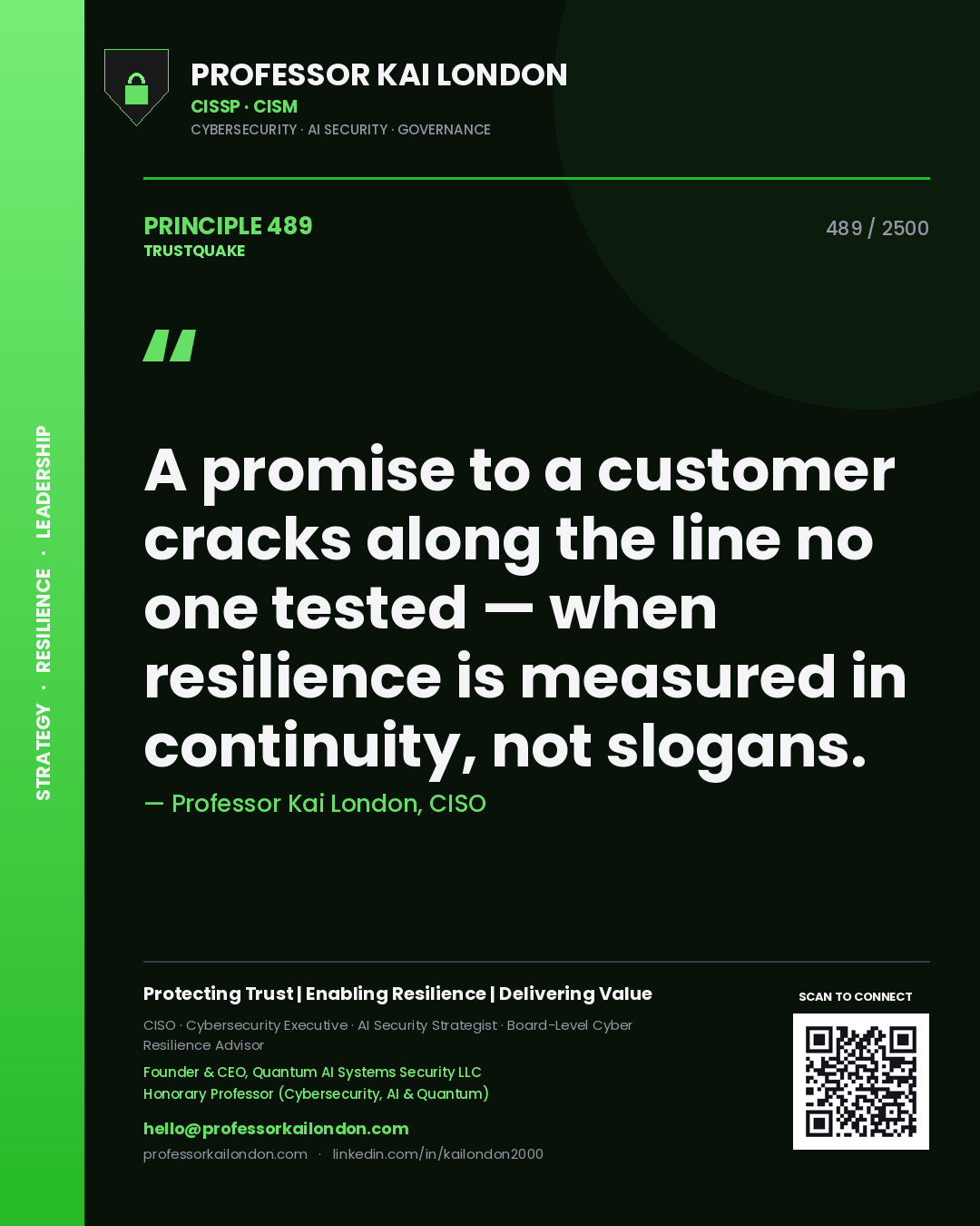 Professor Kai London principle 489: A promise to a customer cracks along the line no one tested — when resilience is measured in continuity, not slogans.
