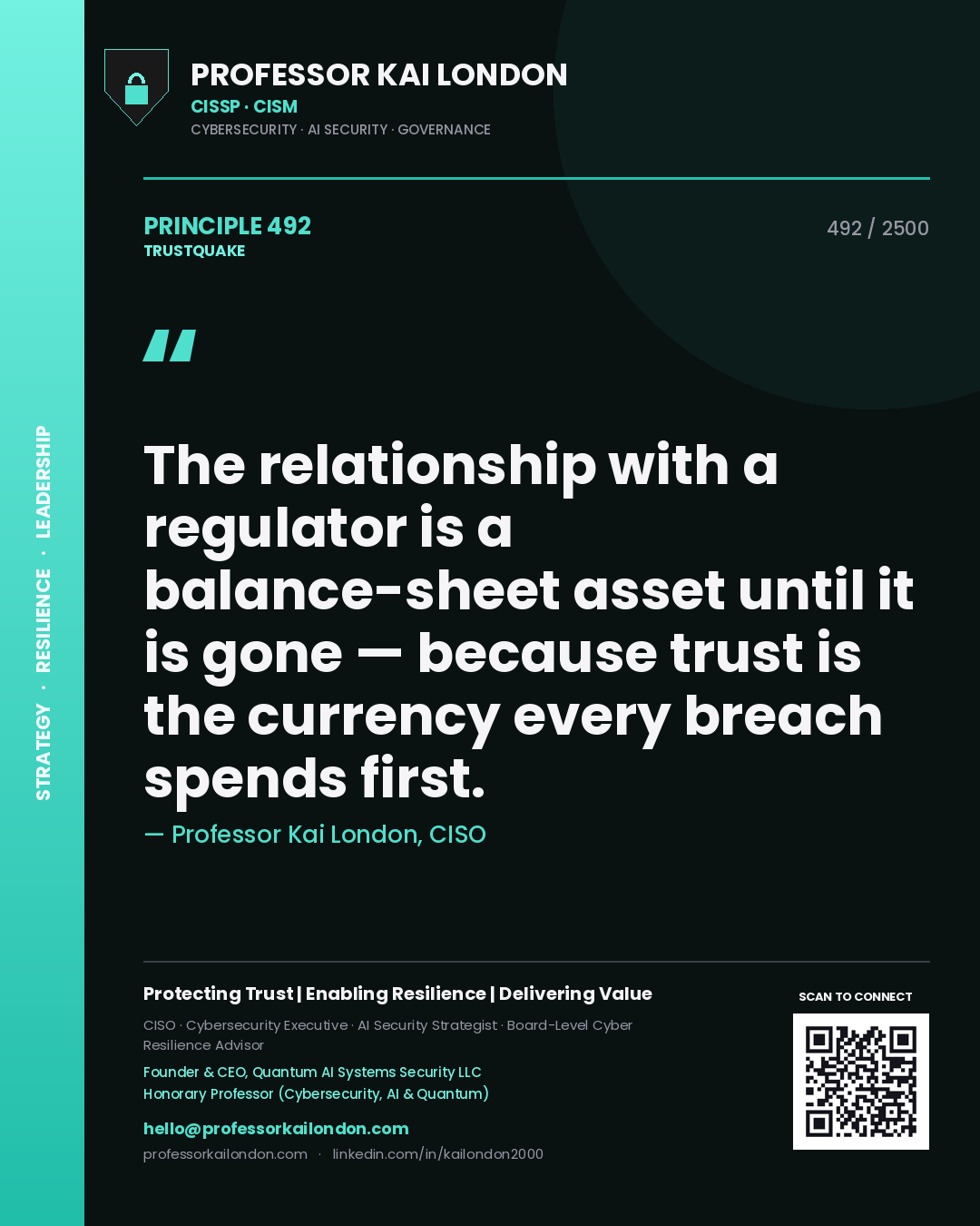 Quote card by Professor Kai London reading 'The relationship with a regulator is a balance-sheet asset until it is gone — because trust is the currency every breach spends first.'. From the book Trustquake.
