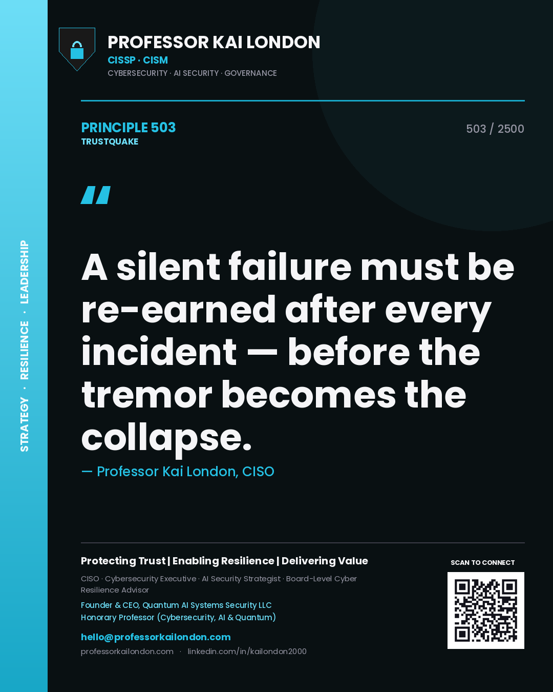 Quote card by Professor Kai London reading 'A silent failure must be re-earned after every incident — before the tremor becomes the collapse.'. From the book Trustquake.