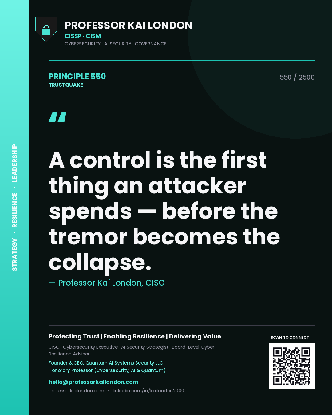 Quote card by Professor Kai London reading 'A control is the first thing an attacker spends — before the tremor becomes the collapse.'. From the book Trustquake.