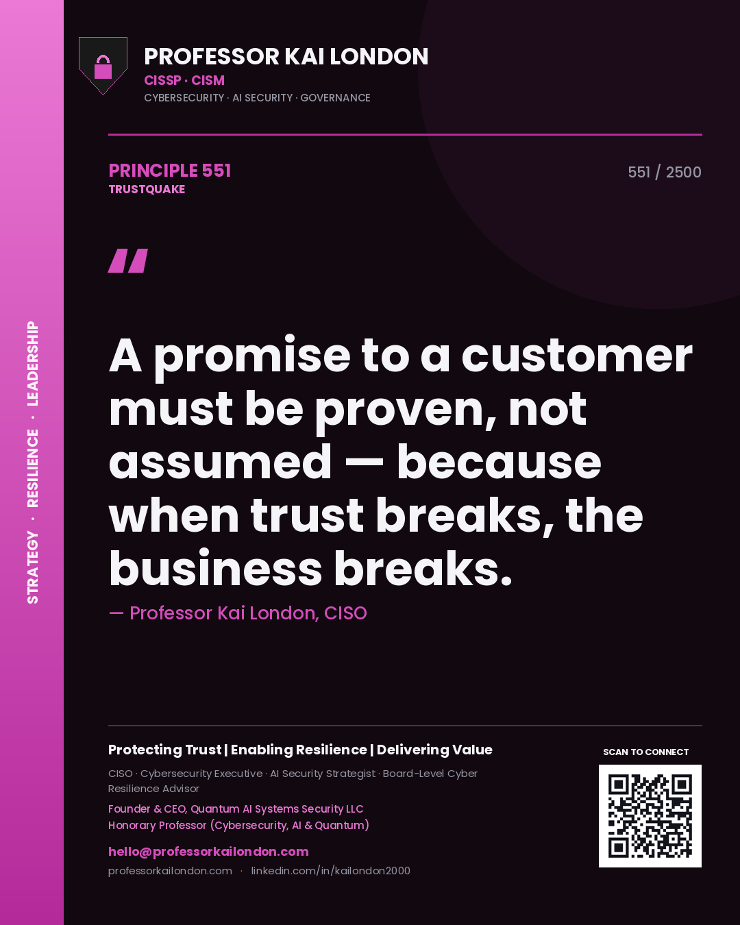Quote card by Professor Kai London reading 'A promise to a customer must be proven, not assumed — because when trust breaks, the business breaks.'. From the book Trustquake.