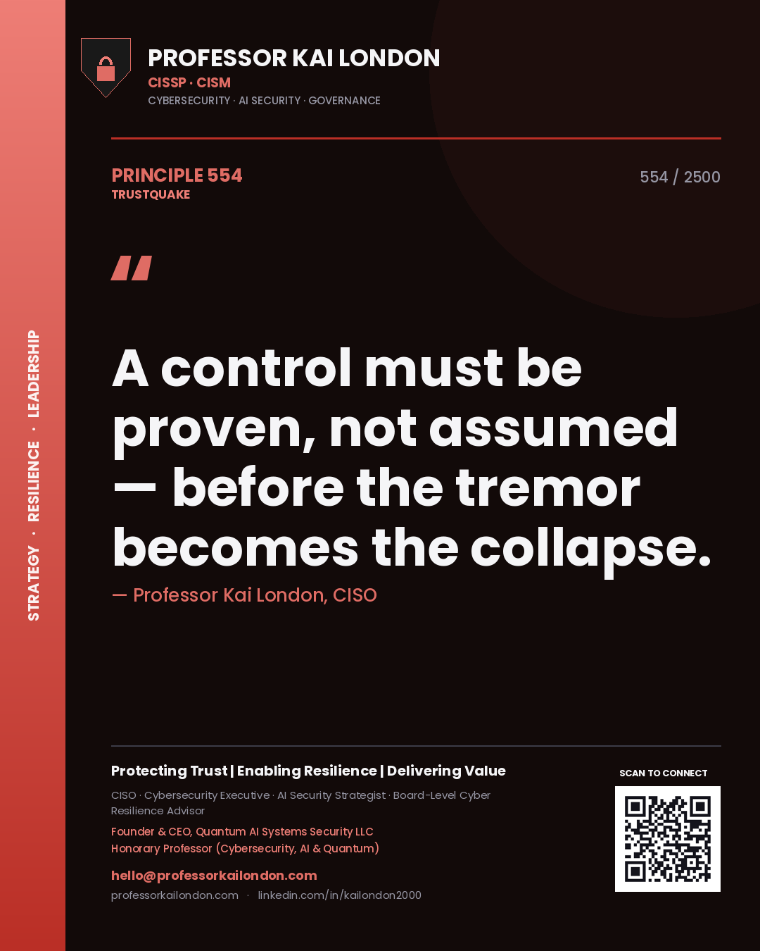 Quote card by Professor Kai London reading 'A control must be proven, not assumed — before the tremor becomes the collapse.'. From the book Trustquake.
